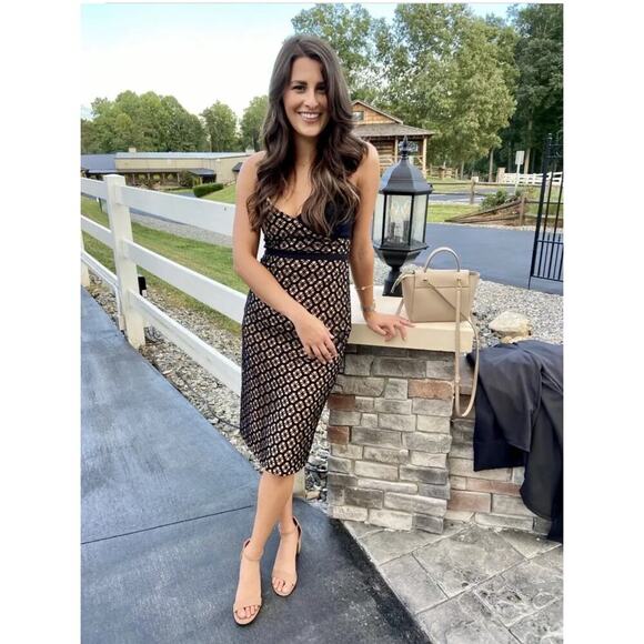 CINQ a SEPT Sera Printed Nude Black Lace Layover Sheath Midi Dress Size 2 - Picture 2 of 13